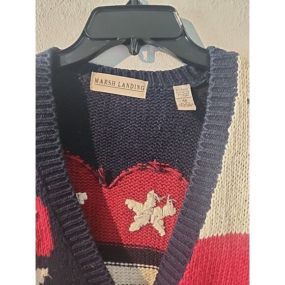 VTG Sz M Marsh Landing Knit Sweater Bear Stars Patriotic Oversized Flag Stars - Picture 5 of 9
